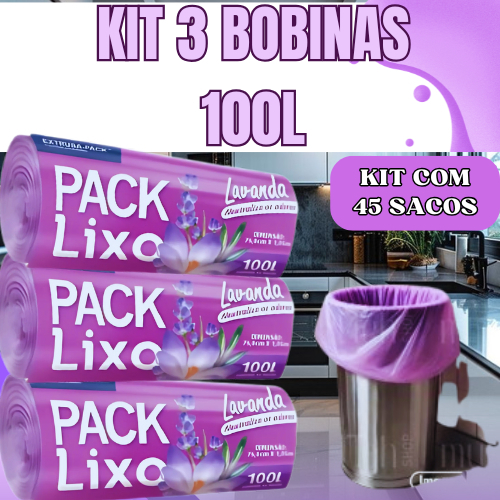 Kit 3 Sacos de Lixo Rolo Perfumado Lavanda 15, 30, 50, 100 Litros Anti Odores Lavanda Roxo Banheiro Cozinha