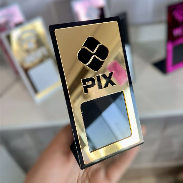 Plaquinha Display Acrilico QR Code Pagamento Wifi Espelhado Dourado Rose Pink Prateado