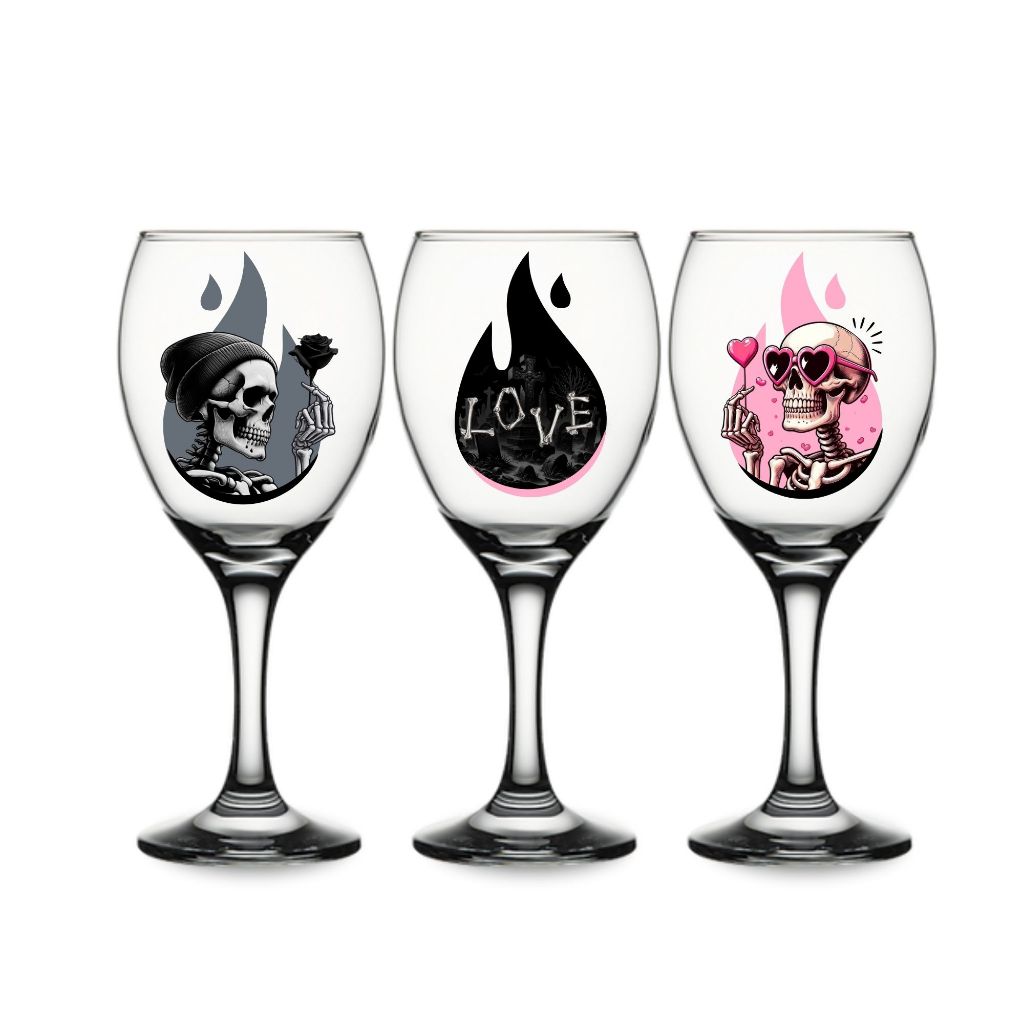 Jogo de 3 Taças 340ml Vidro Grosso Alta Qualidade Luxo Presente Caveira Linda Delicada Rosa Love