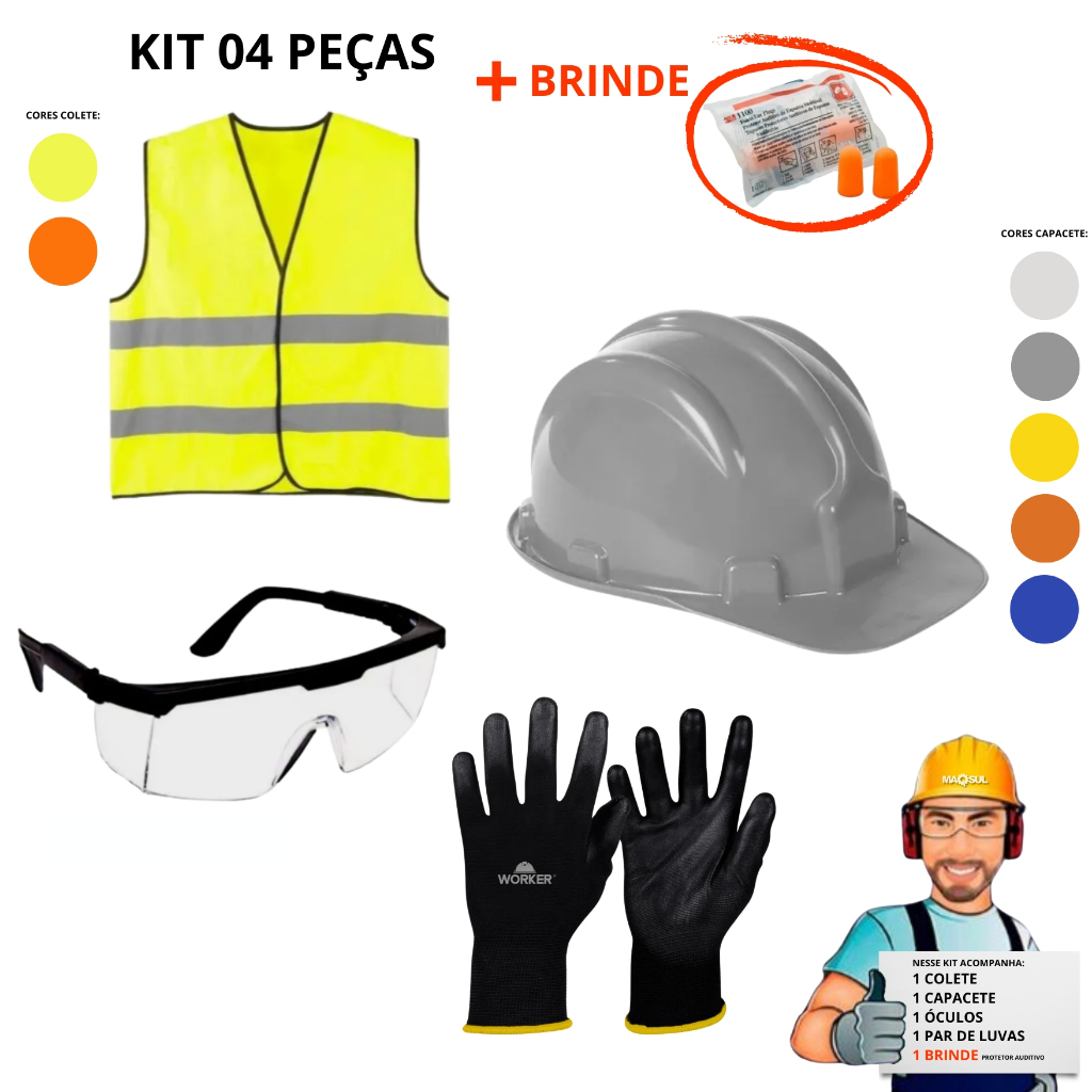 Kit EPI Completo 04 ítens + brinde - Colete Segurança, Capacete, Óculos, Luva e Protetor Auricular