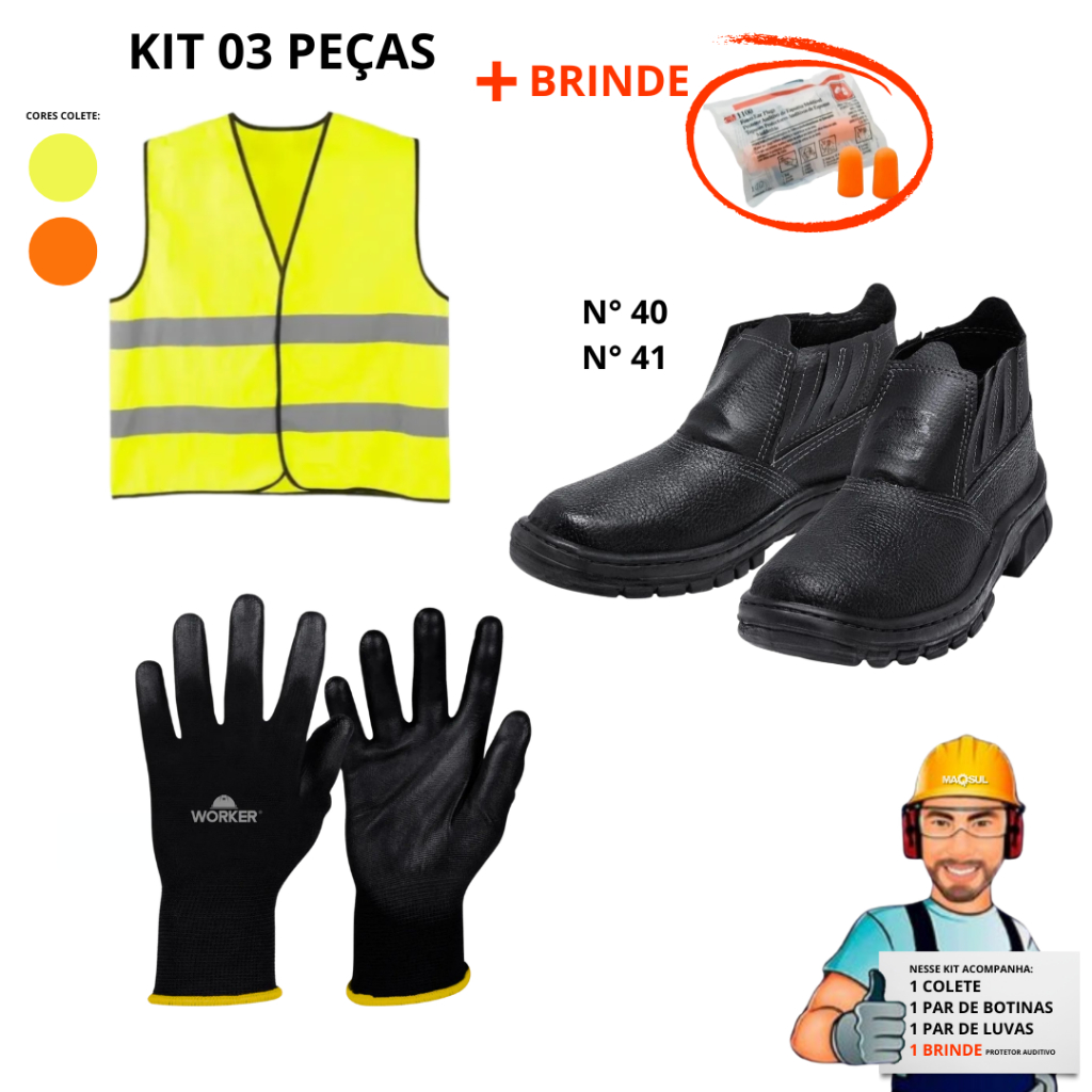 Kit EPI 03 ítens + brinde - Colete Segurança, Botina, Luva e Protetor Auricular
