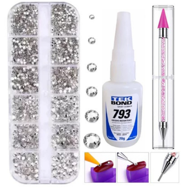 Kit Com 3 1-Caneta Pega Strass 1-Tek Bond  793 E 1- Cartela De Strass