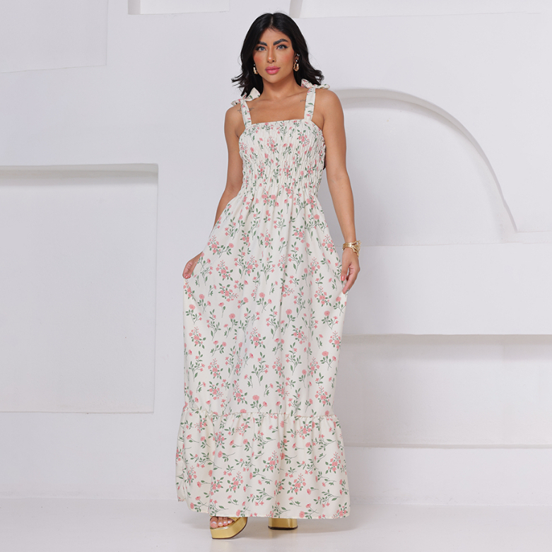 Vestido Longo de Alça Estampado Floral Crepenho em Oferta na Shopee