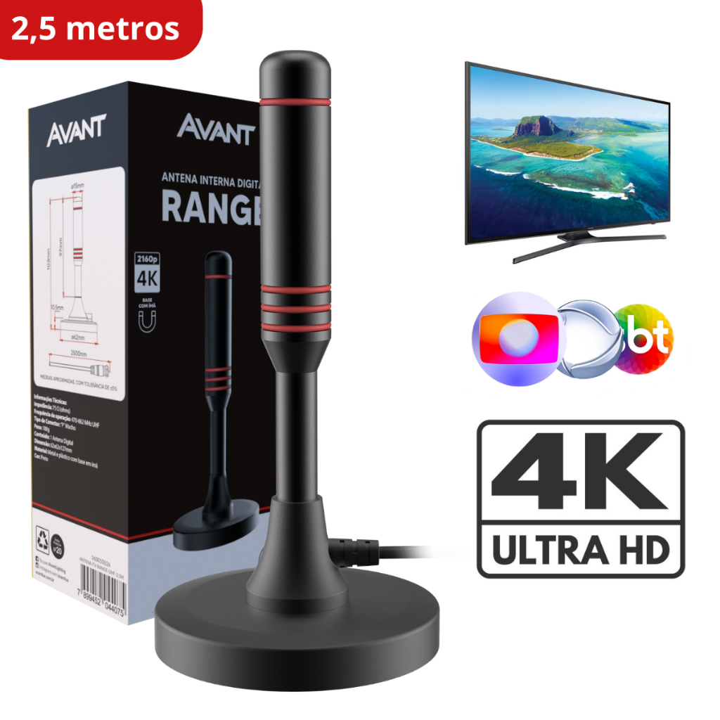 Antena Digital Tv UHD 4K Range Com Base Magnética e Cabo de 2,5 metros Preto Cod: 360010026 Avant em Oferta na Shopee