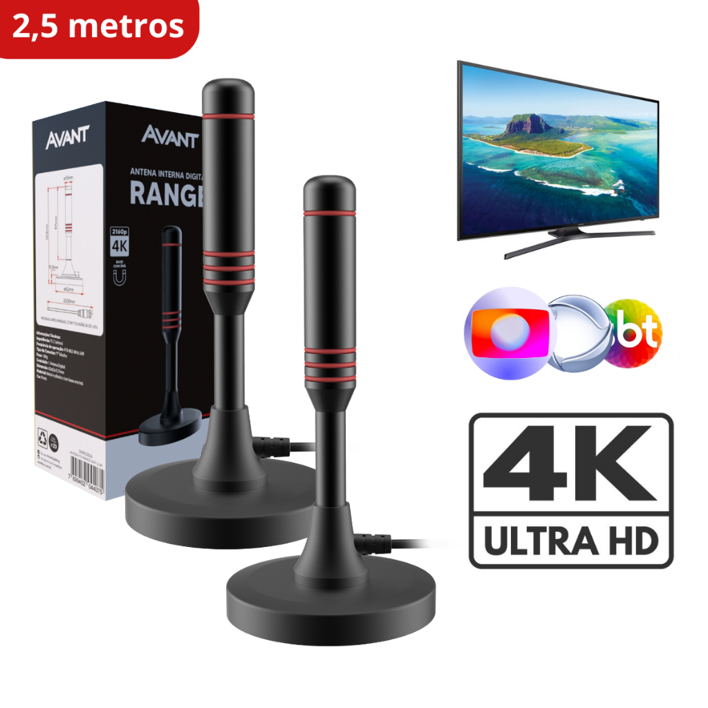 Kit 2 Antena Digital Tv UHD 4K Digital Range Com Base Magnética e Cabo de 2,5 metros Preto Cod: 360010026-2 Avant em Oferta na Shopee