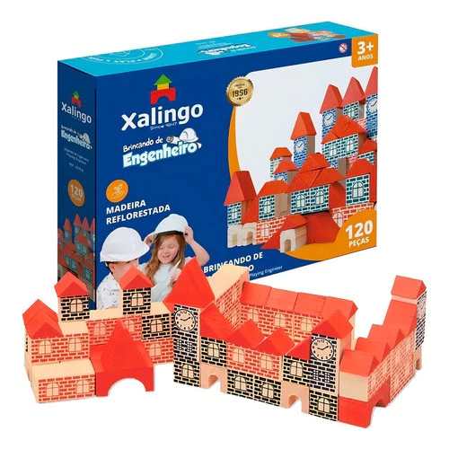 Brincando de Engenheiro Xalingo 120 Peças Madeira Infantil Brinquedo Pedagógico Montessori Criança