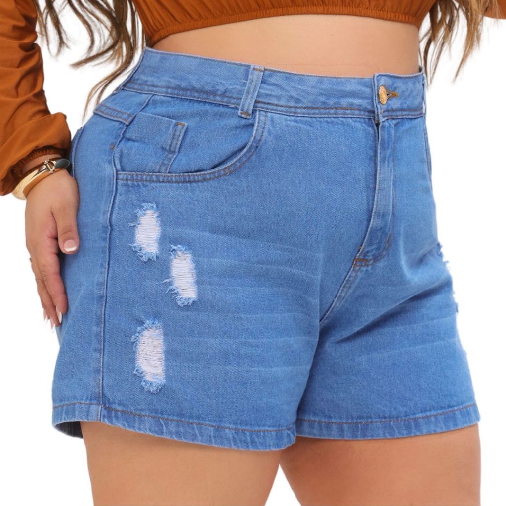Short Jeans Feminino Plus Cintura Alta Destroyed Barra 100% Jeans 46 ao 54