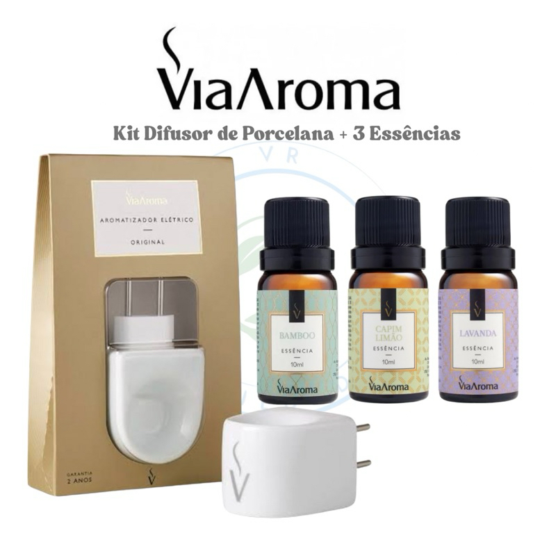Kit Aromatizador Elétrico de Porcelana Original + 3 Essencia Aromatica Via Aroma Ambiente Perfumado