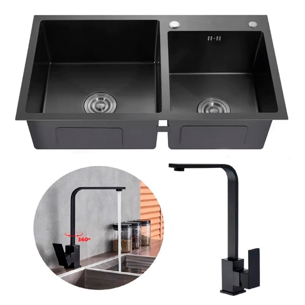 Cuba Pia Gourmet Dupla Preta Cozinha Aço Inox + Torneira