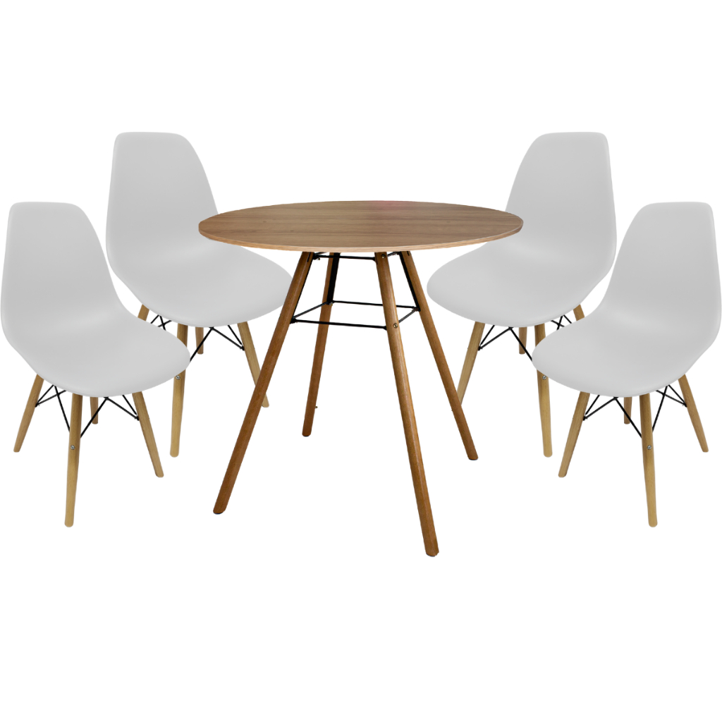 Conjunto Mesa Sala Jantar Nina 70cm Redondo Quadrado MDF + 4 Cadeiras Charles Eames Eiffel Poltrona