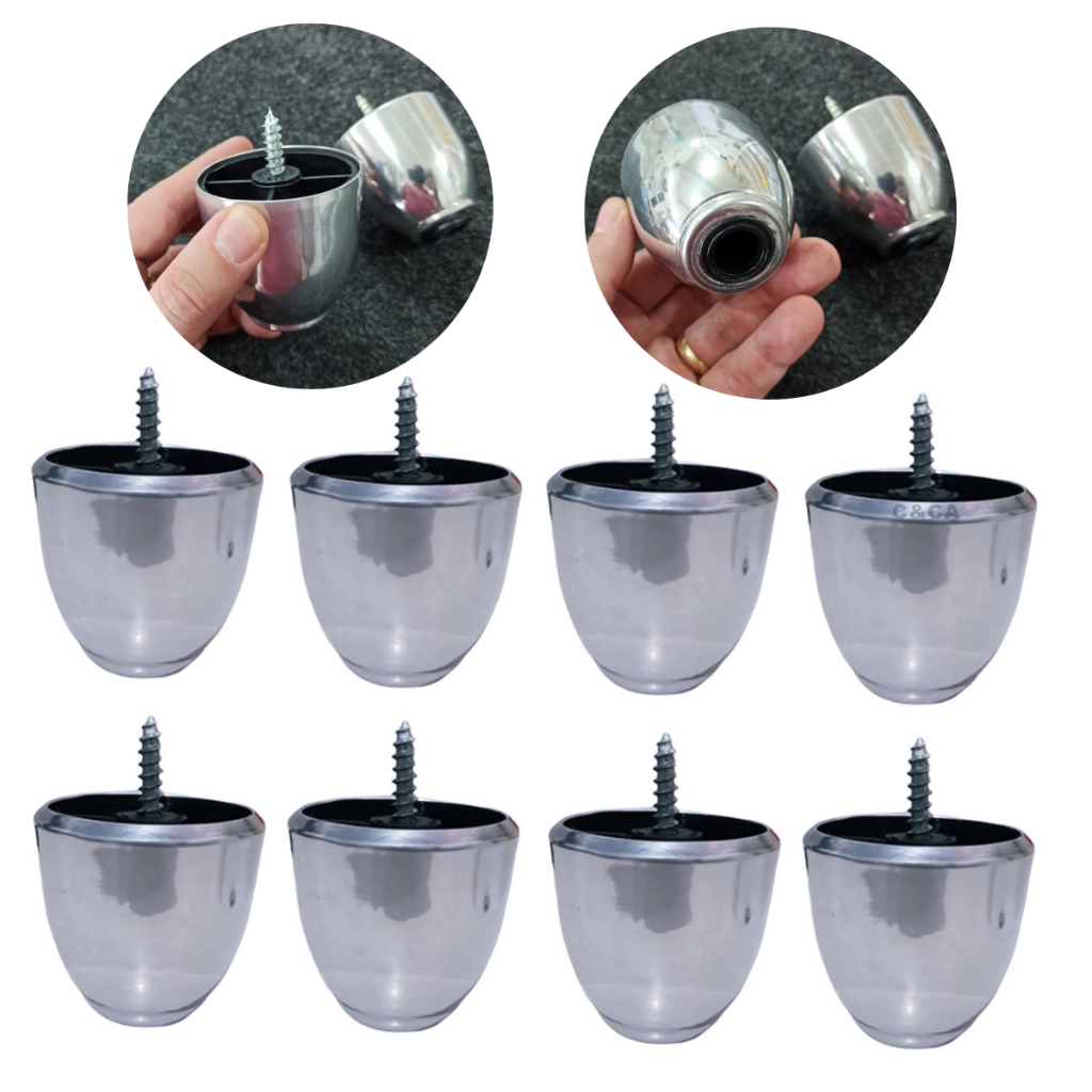 Kit 8 Pé Pézinho Sofá Rack Móveis Alumínio 6cm Maça Universal Cromado Antiferrugem P/ 500kg Luxo Fácil Instalação