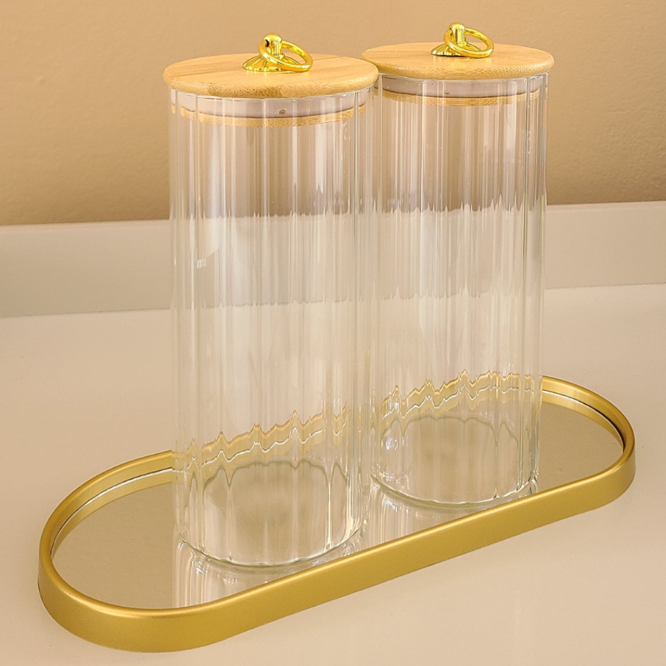 Pote de Vidro CANELADO TRANSPARENTE Porta Mantimentos Hermético cozinha Tampa Bambu Argola porta tempero
