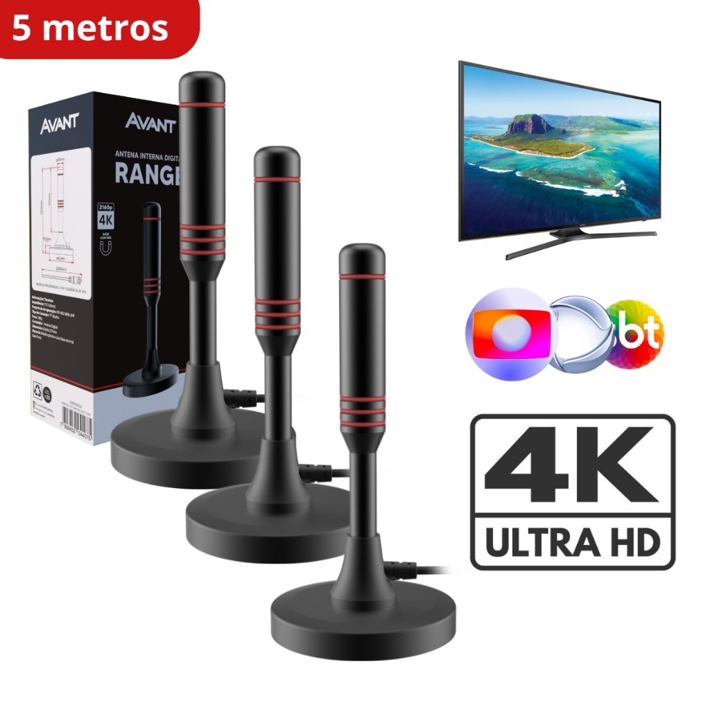 Kit 3 Antenas Digital Tv UHD 4K Range Com Base Magnética e Cabo de 5 metros Preto Cod: 360020034-3 Avant