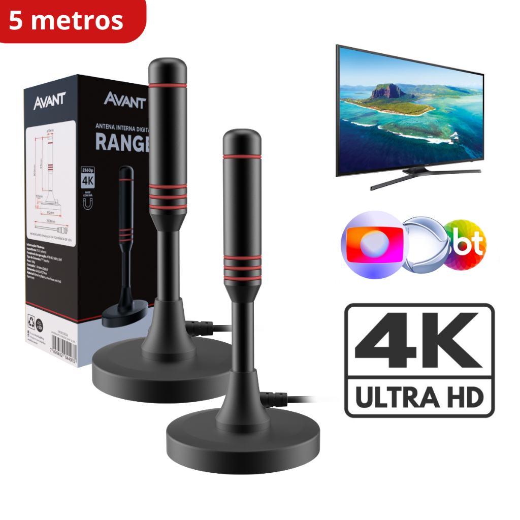 Kit 2 Antenas Digital Tv UHD 4K Range Com Base Magnética e Cabo de 5 metros Preto Cod: 360020034-2 Avant - Home Appliances