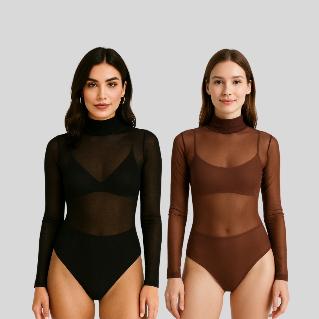 Kit 2 Body Tule Transparente Feminino – Manga Longa Gola Média Look Noite Balada