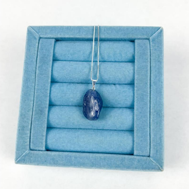 Colar Longo Quartzo Azul - Banhado a Prata - Cordão Feminino Pedra Natural