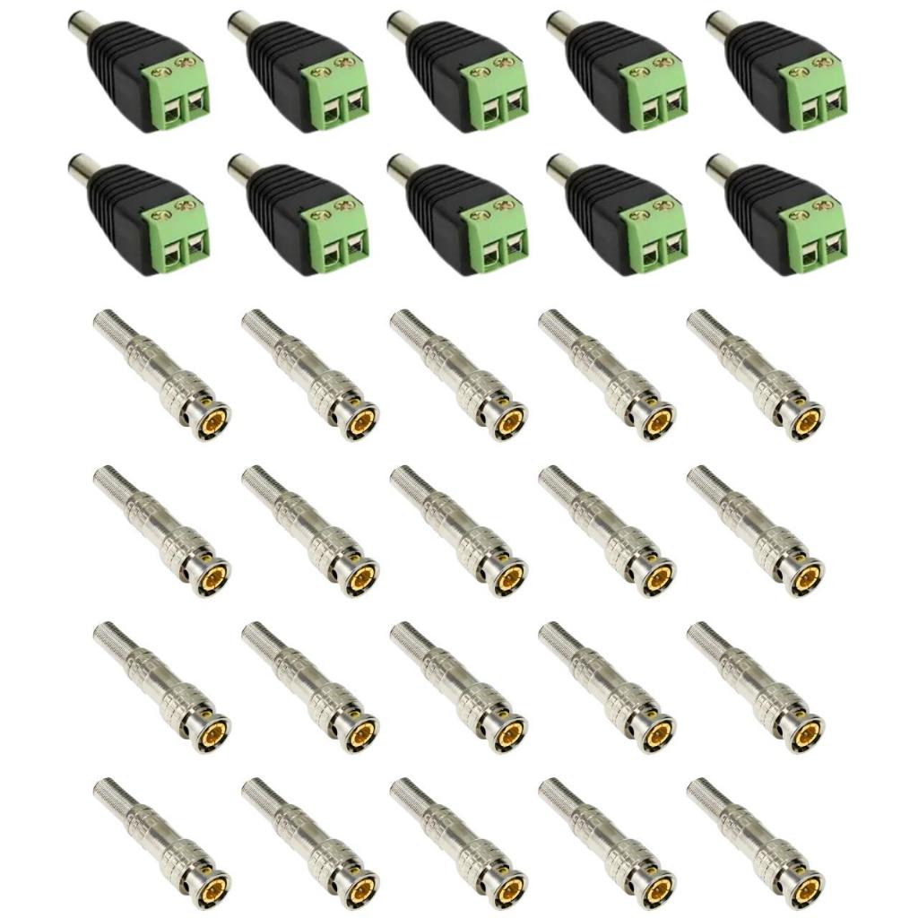 Kit 10 Conector P4 Macho + 20 BNC Mola para Câmeras de Segurança CFTV