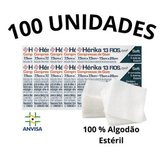 10 Pacotes Compressa Gaze Hidrófila Estéril Cirúrgica Para Curativo Feridas 13 Fios 7,5cm x 7,5cm Com 100un - Hérika