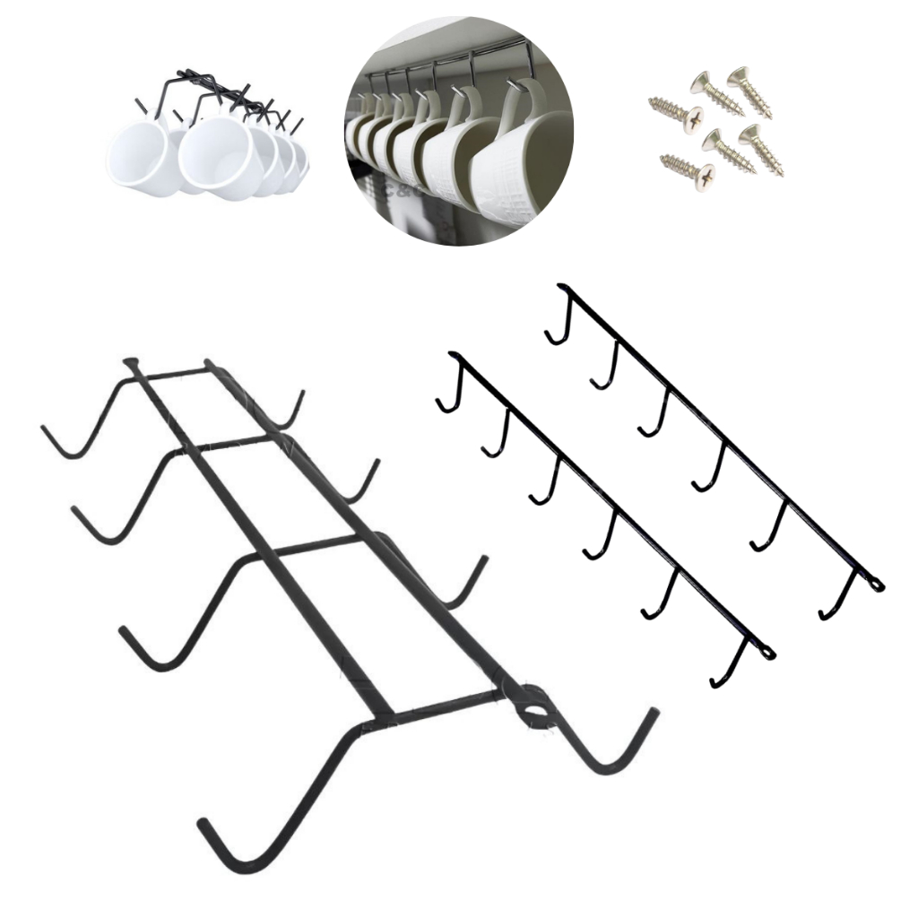 Kit 3 Suporte Organizador Porta Xicaras Fixar Interior ou Exterior Móveis Aço Preto Antiferrugem Cozinha + Parafusos