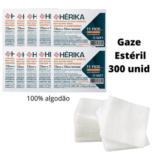 Kit 300un 30 Pacotes Compressa Gaze Hidrófila Estéril Cirúrgica 11 Fios Para Curativo Feridas 7,5x7,5cm Hérika