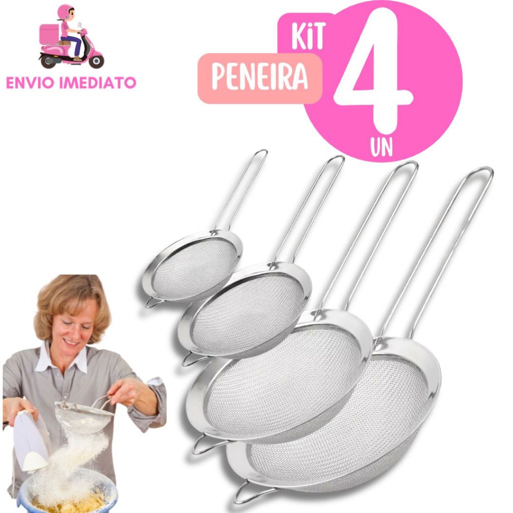 Kit Peneira Coador Funil em Aço Inox Para Farinhas Alimentos Frutas uso Cozinha 8 /10/14/18cm