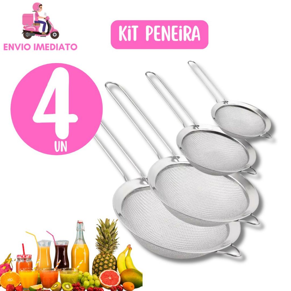 4 PeneiraCoador Funil em Aço Inox Multifuncional Para Farinhas Alimentos Frutas Cozinha 8/10/14/18cm