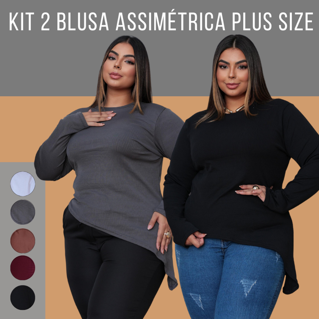 Kit 2 Blusa Manga Comprida Lisa Assimétrica Ponta Lateral Inverno Plus Size Malha em Ribana Bico Lateral Assimétrico em Oferta na Shopee