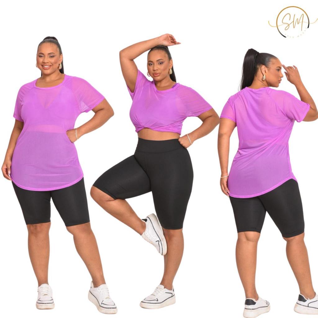 Kit 3 Long Line Alongada Tule Transparente Feminino Academia Fitnes