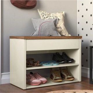 Sapateira e Banco 2 Prateleiras e Assento Hall - Off White com Freijó em Oferta na Shopee