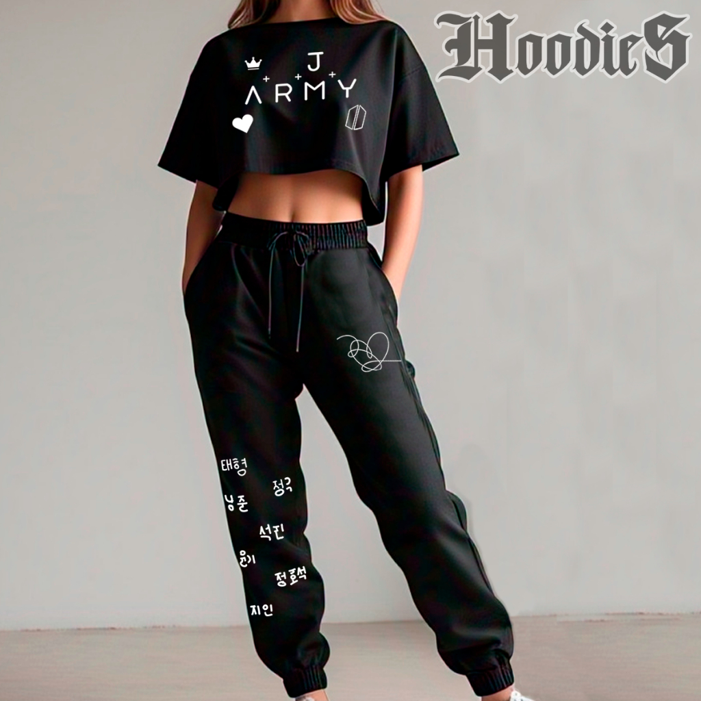 Conjunto Feminino Cropped Oversized e Calça Moletom Estampado Army Bangtan Bts Fãs Simbolos