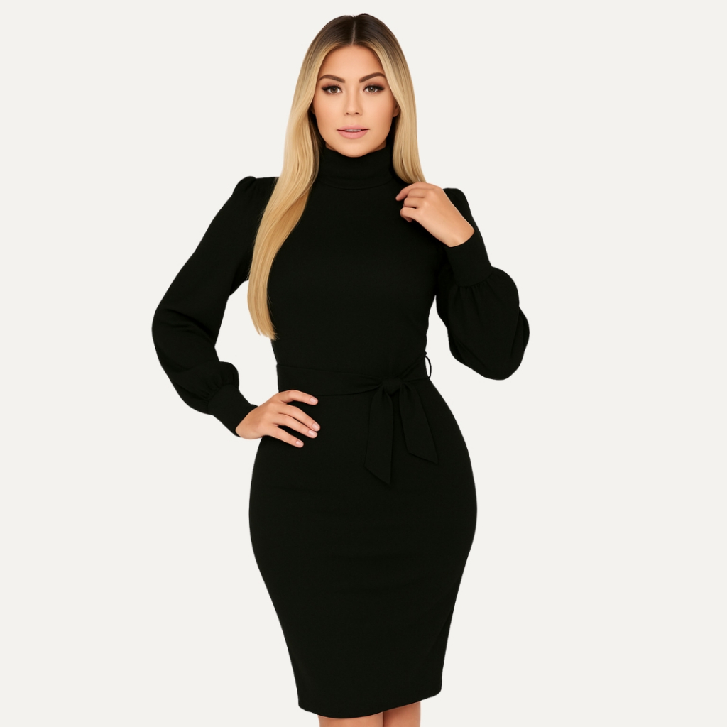 Vestido Feminino Manga Longa Canelado Midi Gola Alta e Bufante de Princesa Chique e Confortável Moda de Inverno Feminina