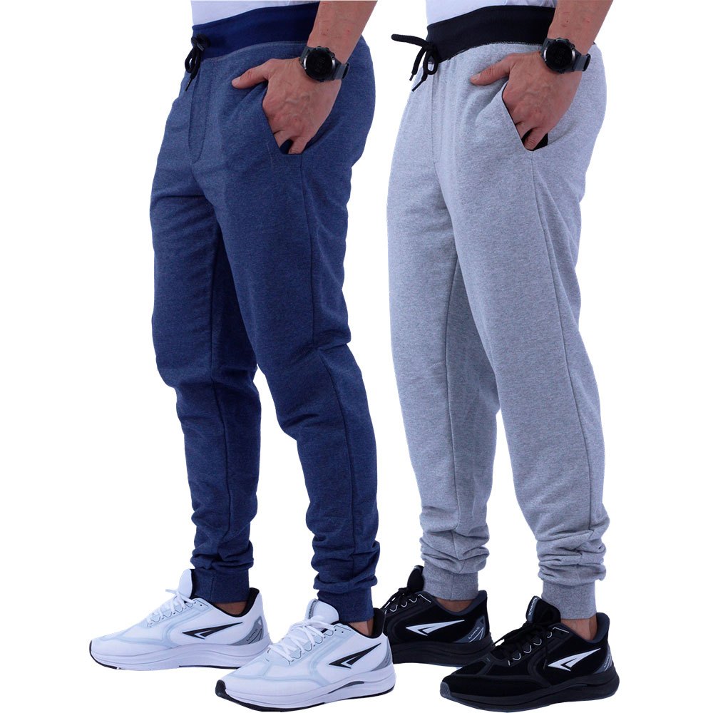 Kit 2 Calças Masculina Moletom Jogger Slim Com Bolso Academia Lazer Casual Sem Pelúcia Preta Azul
