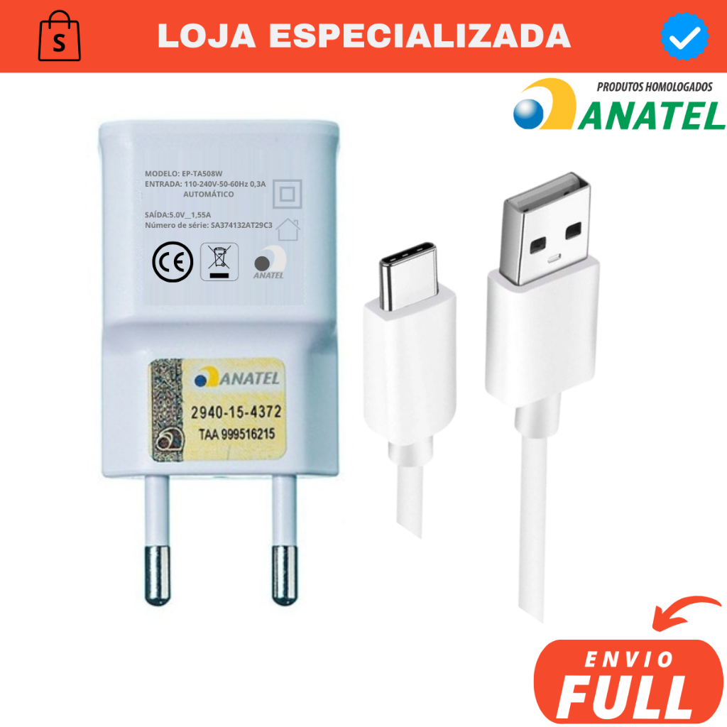 Carregador Turbo Tipo C p/ Galaxy A02s A11 12 A20 21s A22 30s A31 A50 71 A80 S8 S9 S10 M31 M51