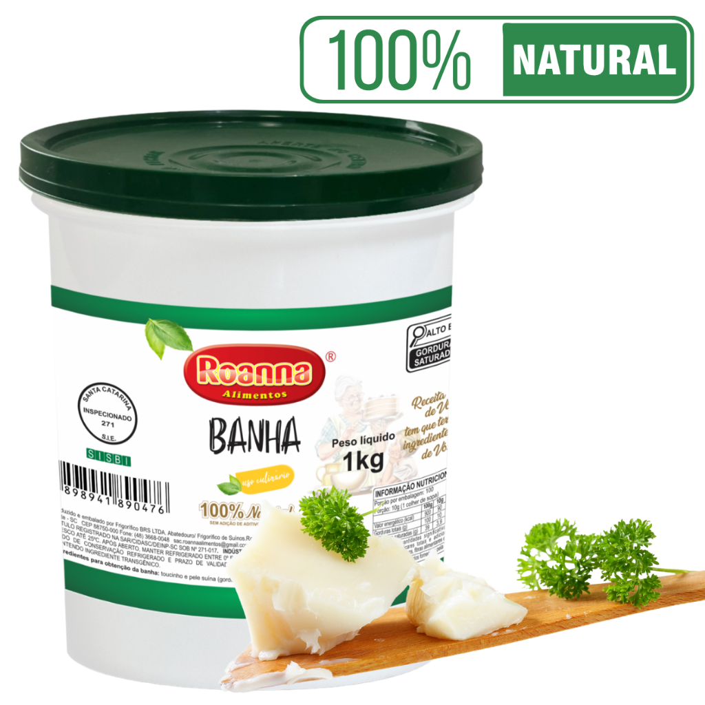 Banha Suína Gordura de Porco Natural Sem Conservantes - Pote 1 KG - ROANNA ALIMENTOS