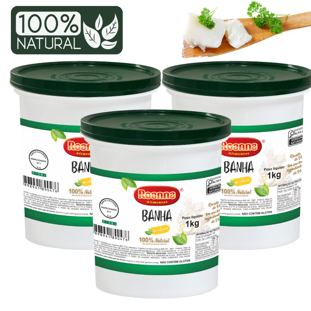 Banha de Porco Gordura Suína 100% Natural Sem Conservantes - KIT 3 KG - ROANNA ALIMENTOS
