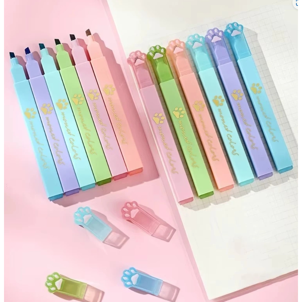 6 CORES Marca Texto quadrado de Patinha de Gato Tons Pastéis (MONET COLORS) / Papelaria Fofa/Escrita/MarcaTexto