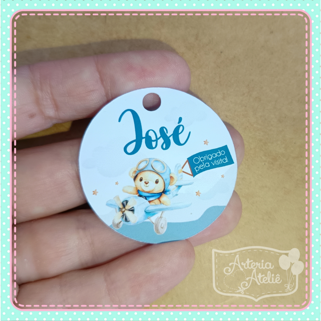 Tag de pendurar Lembrancinha Maternidade Nascimento bebê menino urso ursinho baloeiro voador avião azul nuvem menino