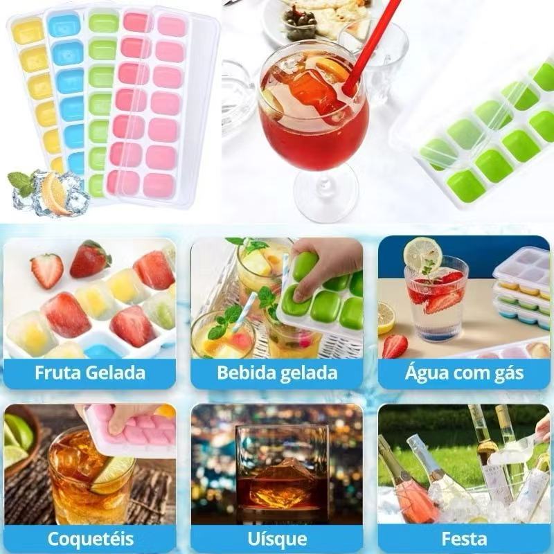 Forma Com Tampa Gelo Ice Papinha Flexivel Multiuso Lavável Fundo Silicone 14 Cubos Retangular