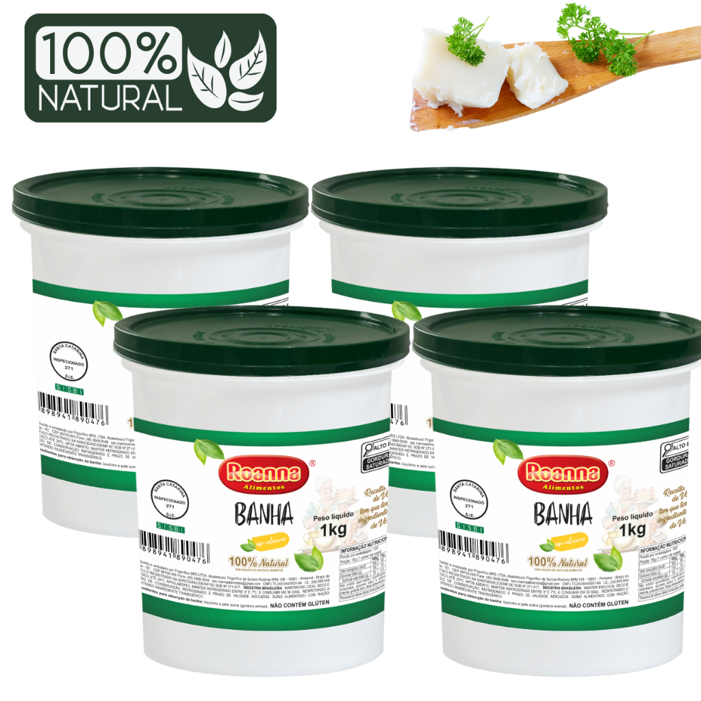 Banha de Porco Gordura Suína Natural Sem Conservantes KIT COM 4 KG ROANNA ALIMENTOS