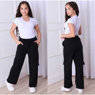 calça cargo  juvenil  tecido  malha crepe  calça feminina infantil  calça wide leg juvenil  cargo calça  flare menina em Oferta na Shopee