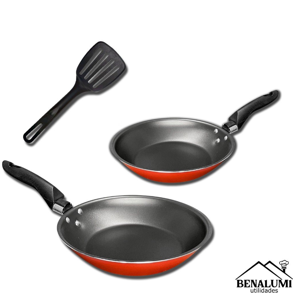 Kit Frigideira Francesa 20 e 24cm Vermelha Antiaderente + Espátula Nylon