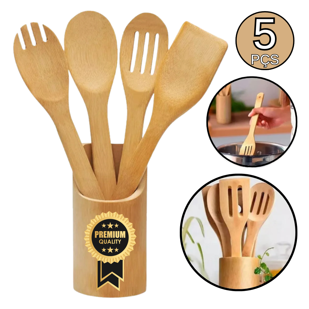 Kit Utensílios De Cozinha Em Bambu Casa Cozinha Colheres Garfo Escumadeira 5 Peças Anti Fu...