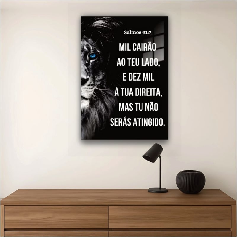 Quadro decorativo de leão com versículo bíblico só salmos 91