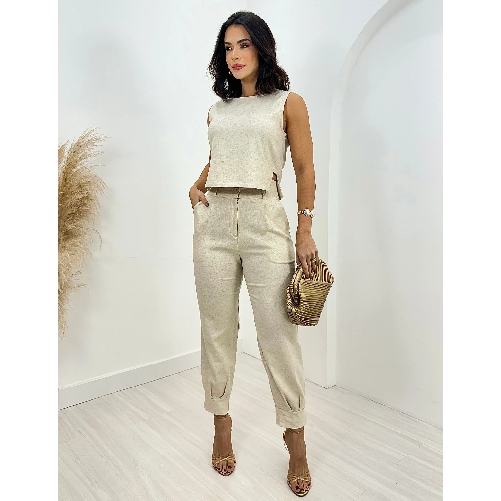 Conjunto Alfaiataria Feminino Advogada LINHO Calça Com Punho + Regata Com Detalhe Na Lateral — imagem 1