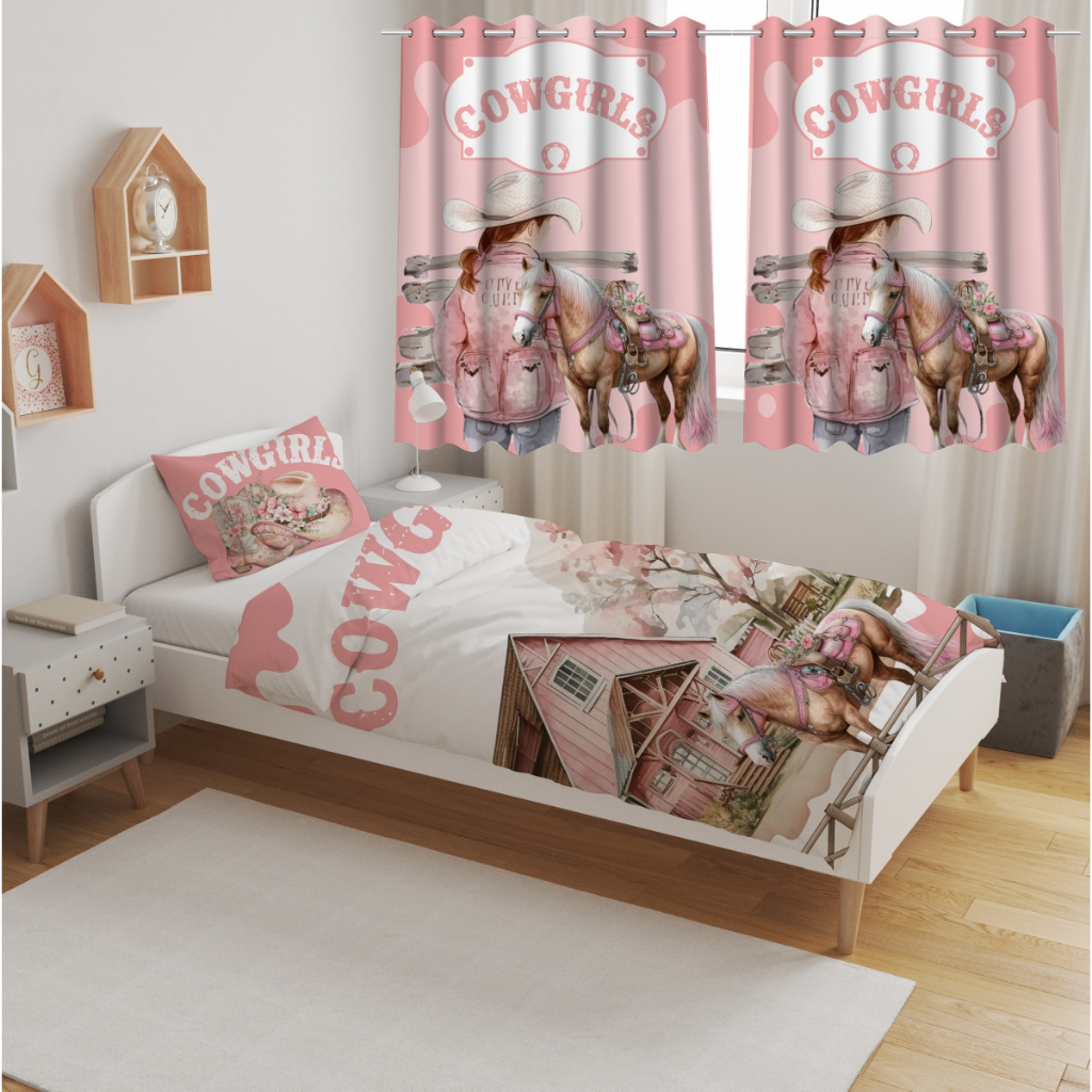 Jogo de Cama Solteiro Menina Cowgirl Rosa, ou Kit Completo ou Só Lençol ou Só Cortina em Oferta na Shopee