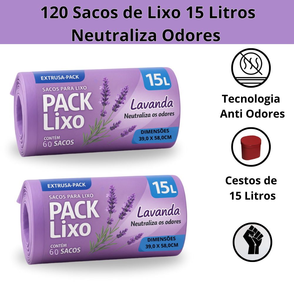 Kit 2 Rolos Lavanda 15 Litros 120 Sacos de Lixo  Neutraliza Odores em Oferta na Shopee