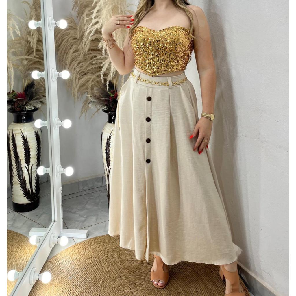 Saia Longa em Duna Linho Forrado com Botões na Frente Moda Casual Moda Evangelica