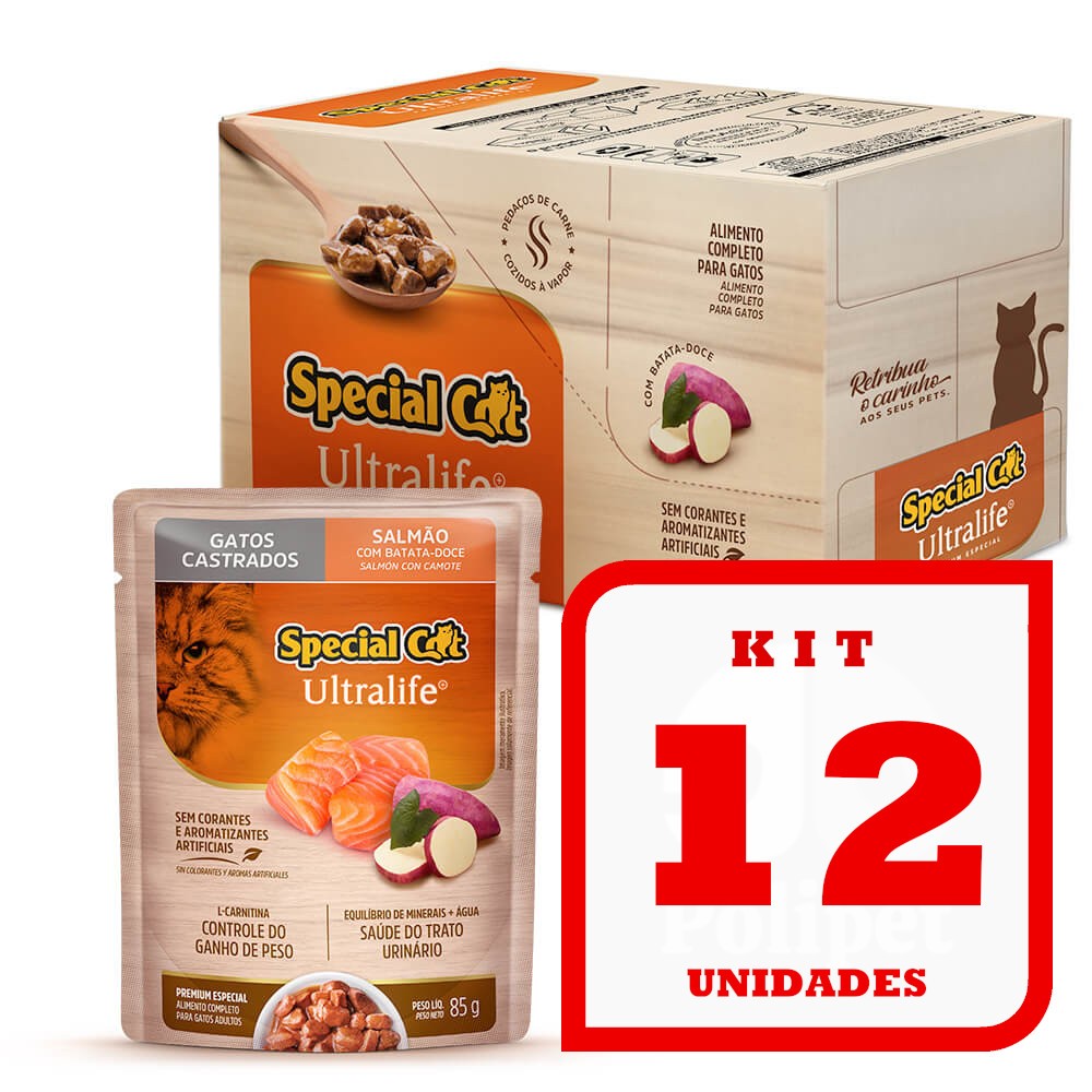 Kit 12 Sachês Special Cat Gato Adulto Castrados Salmão 85g