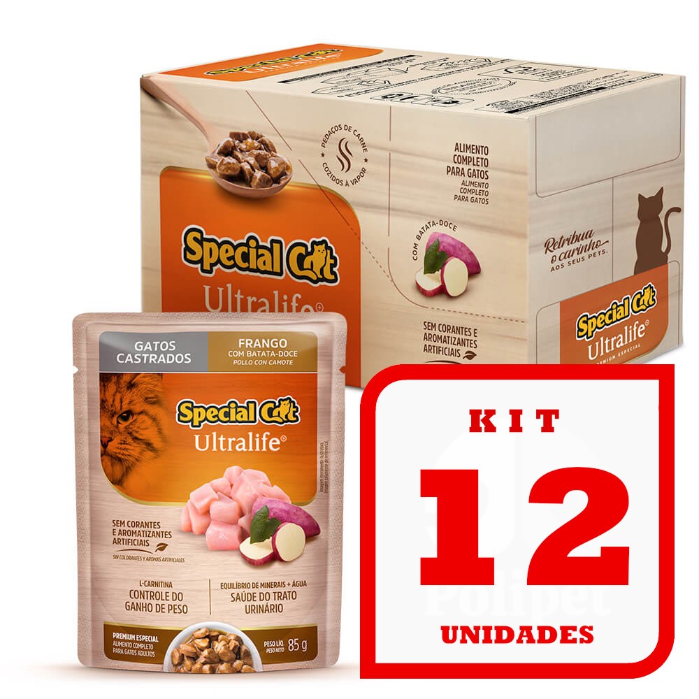Kit 12 Sachês Special Cat Gatos Adultos Castrados Frango 85g