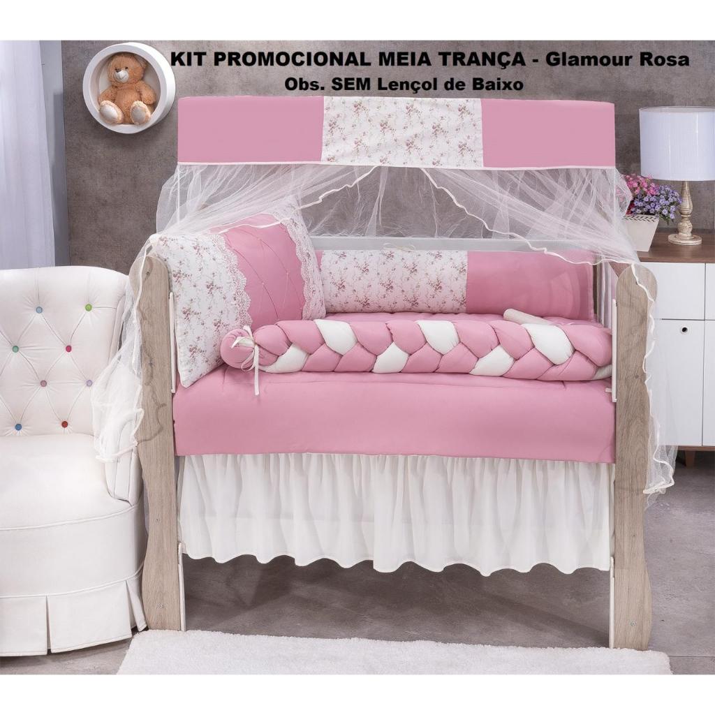 Kit Berço Americano 10 Peças Glamour Rose Nervura/Floral Lateral Trançado Menina + Saia de Berço